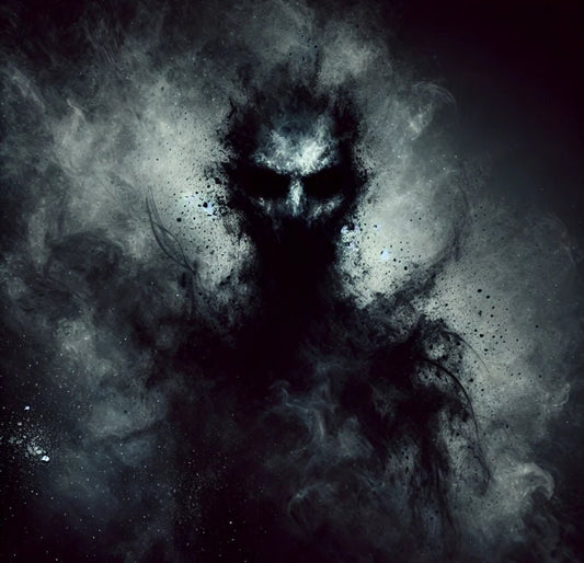Dark, abstract figure with a menacing expression against a black background